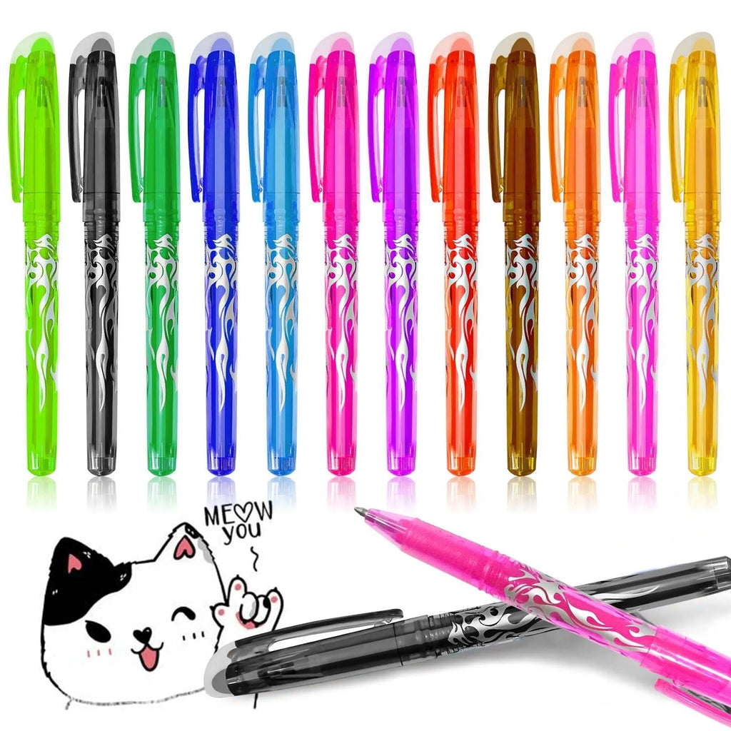 Pack of heat-erasable gel pens with plastic bodies and stainless steel nibs, showing multiple colour options.