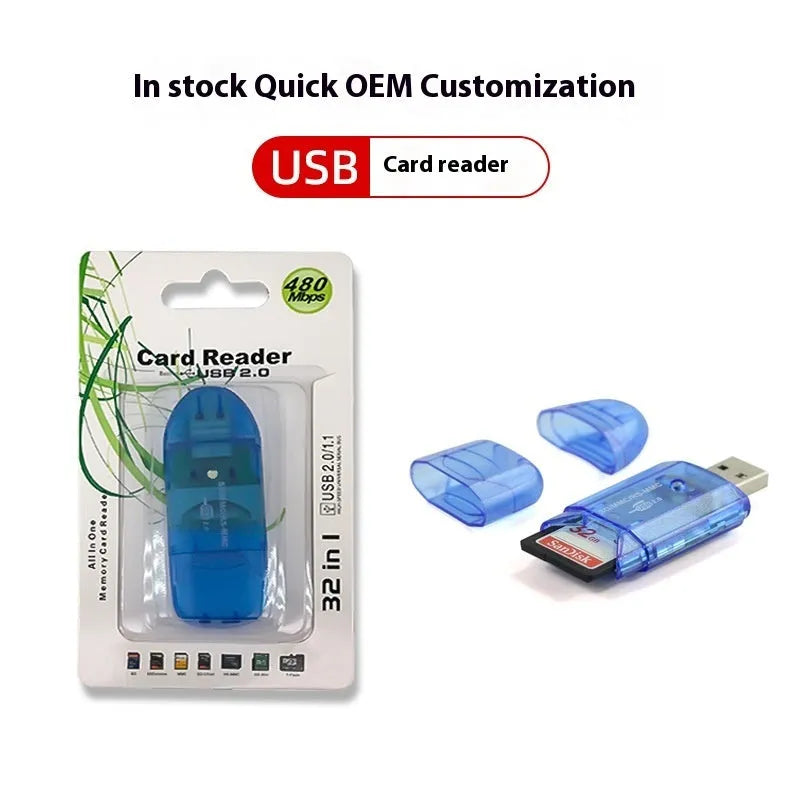 Transparent plastic USB card reader with three colour options and card holder