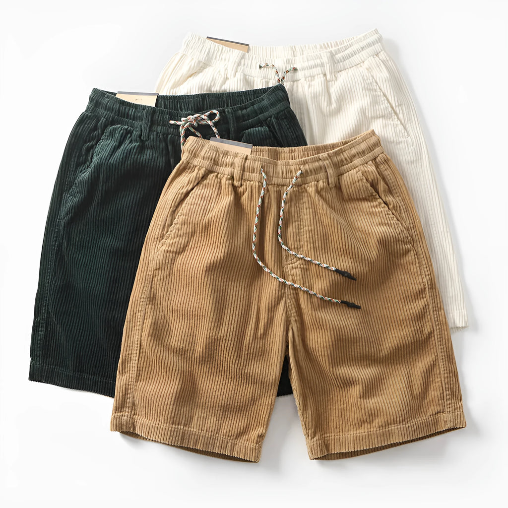 Men's khaki polyester cargo shorts with a straight leg cut on a plain background.