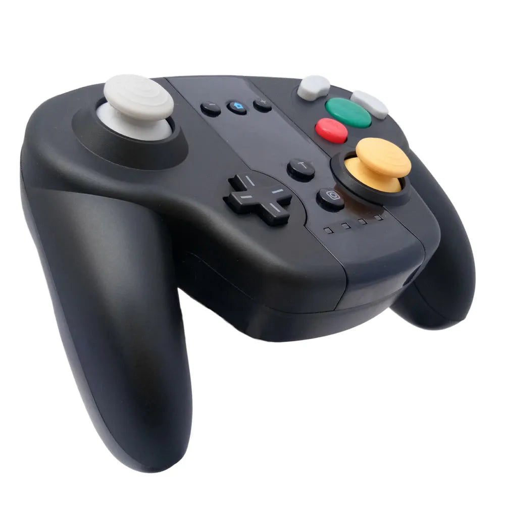 Black wireless gamepad controller with NFC for Nintendo Switch and Windows PC on a colour box.