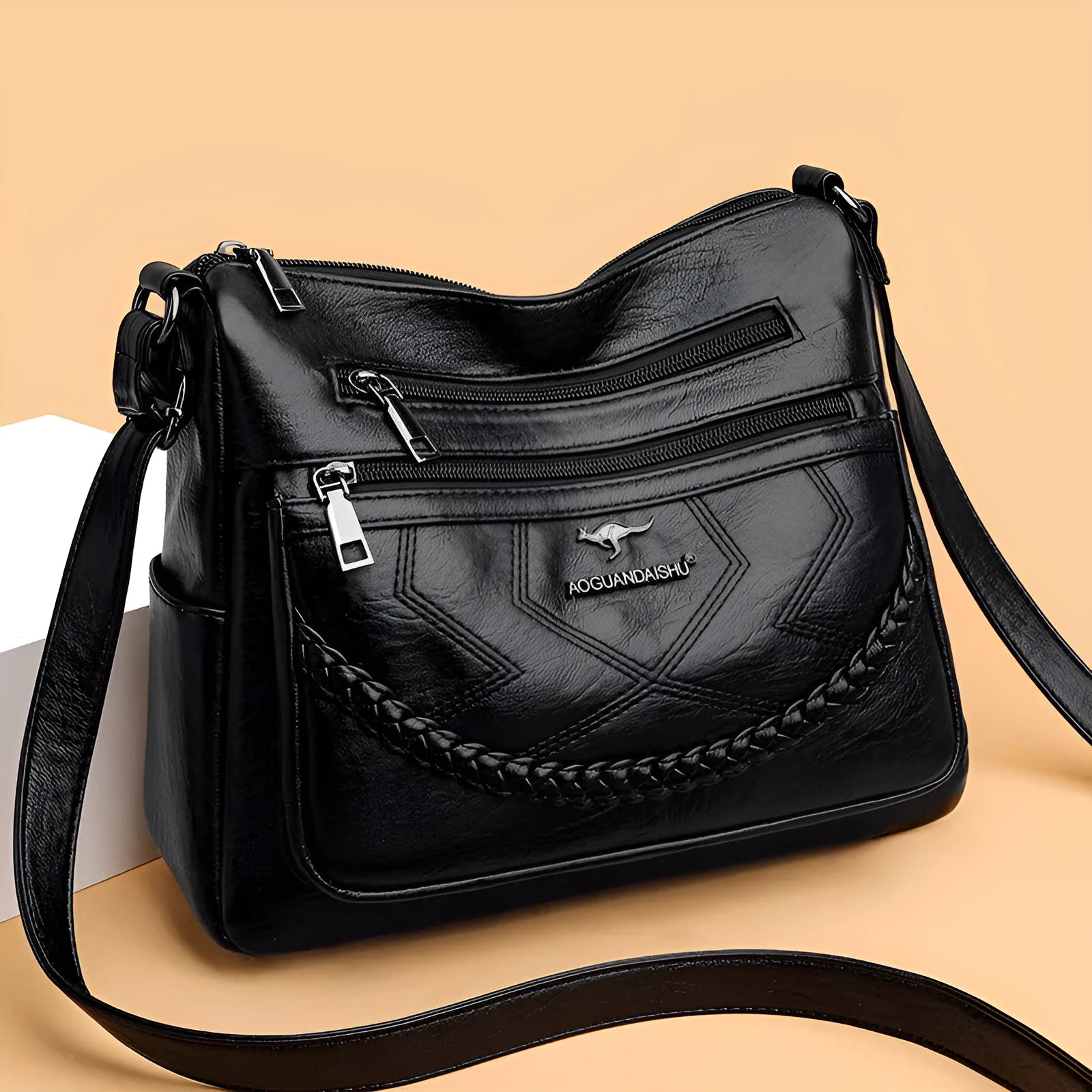 Soft PU leather women's crossbody bag in horizontal square design with sandwich pocket