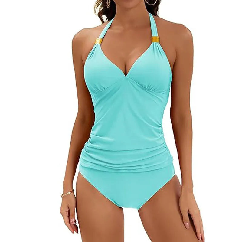Women's halter neck two-piece swimsuit with adjustable tie sides in solid colour