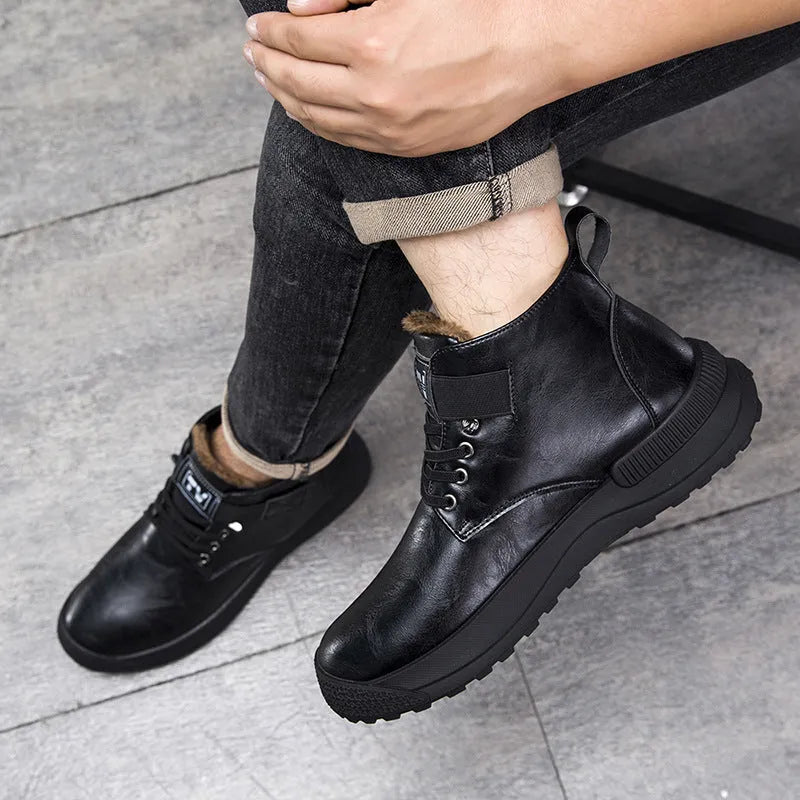 Men's black high-top platform boots with a velvet texture upper and thick rubber sole.