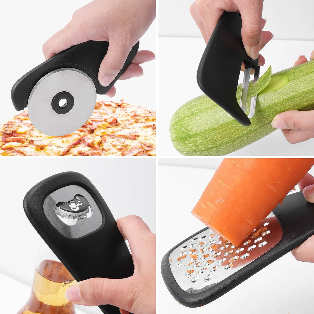 Six kitchen gadgets with brush in stacking configuration showing stainless steel and plastic components
