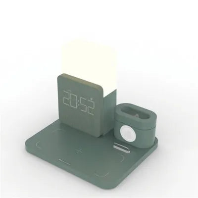 3-in-1 Qi wireless charging stand for iPhone, AirPods, and Apple Watch in dark green.