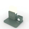 3-in-1 Qi wireless charging stand for iPhone, AirPods, and Apple Watch in dark green.