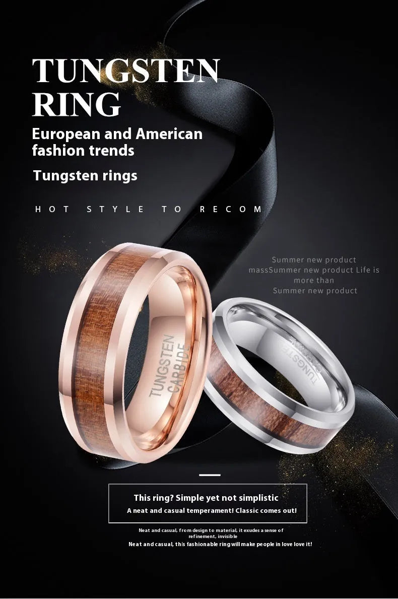 U-shaped tungsten men's ring with 8mm wide band in rose gold or steel finish on a grey background.