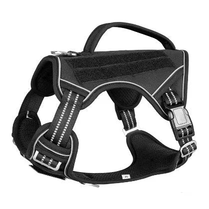 Tactical working dog chest strap harness made from black Oxford cloth, shown fitted on a dog.