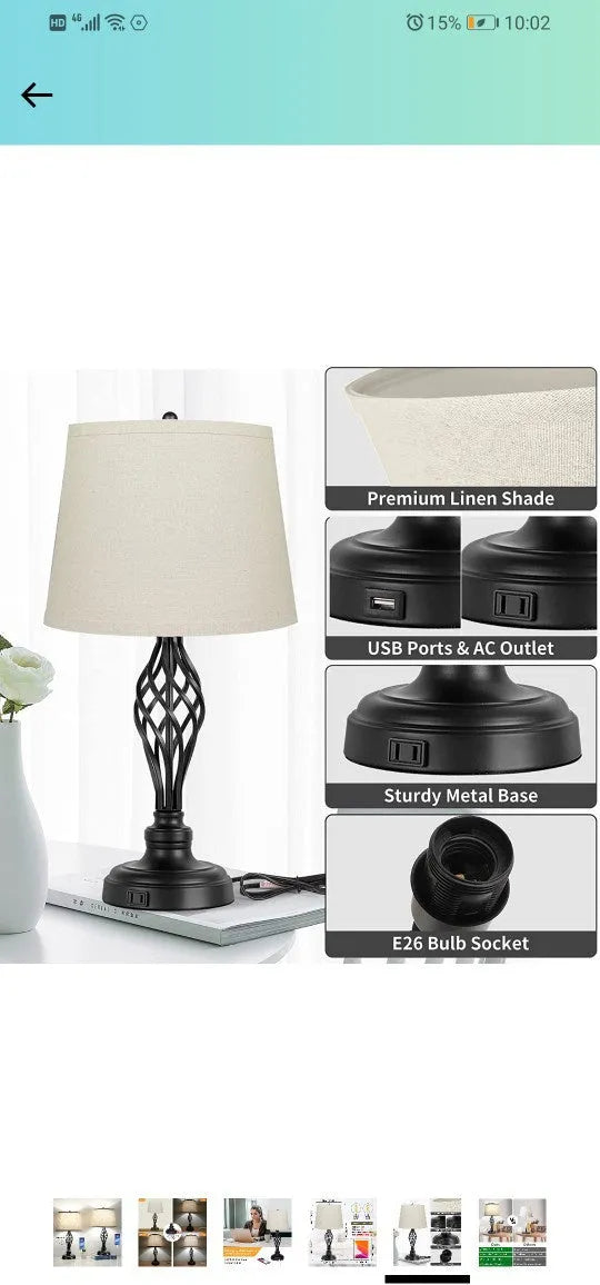 Touch sensor dimmable bedside table lamp with USB charging socket in European style alloy construction