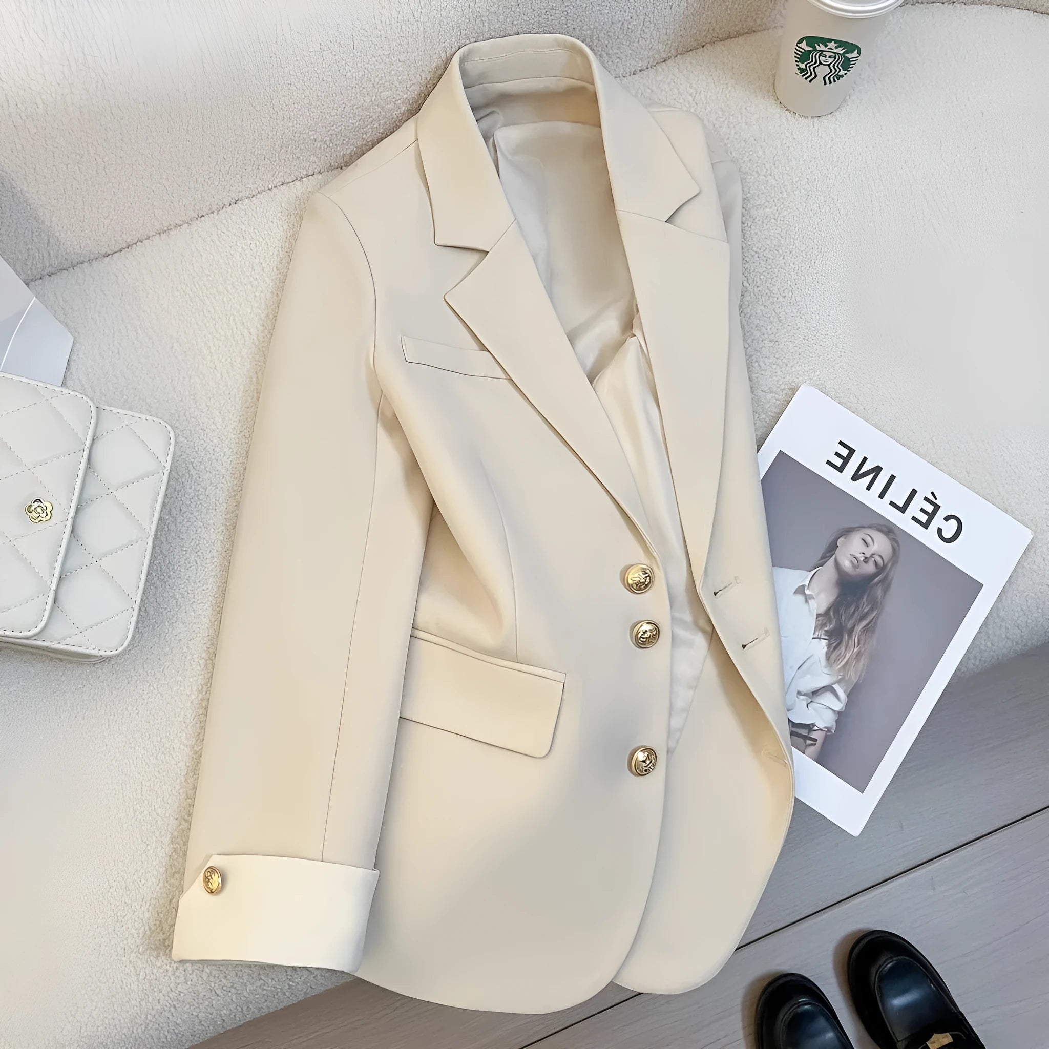 Korean style loose fit women's coat in milky white, mid-length with long sleeves and pockets.