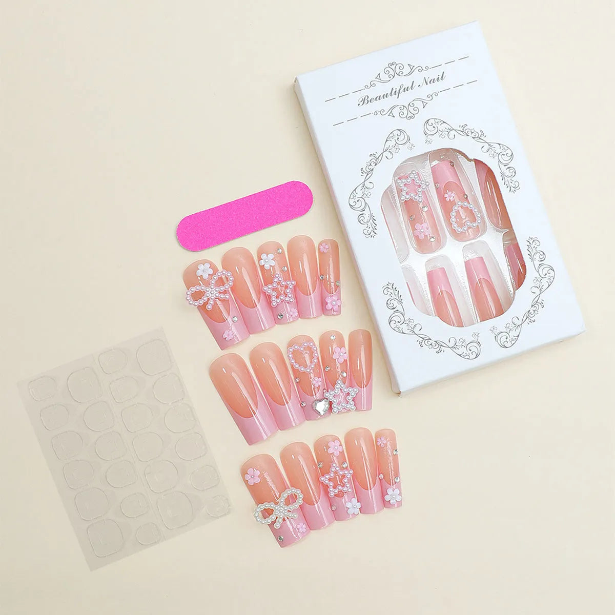 Pink decorative nail with French pattern and bow accent, 0.9cm water pipe design