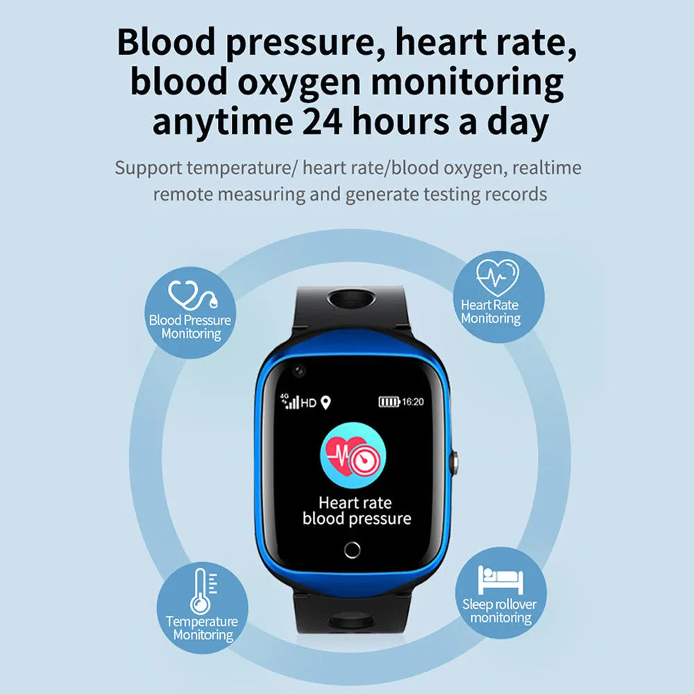 Square-faced elderly smart watch with silicone strap showing phone and GPS functions on 1.3-inch screen