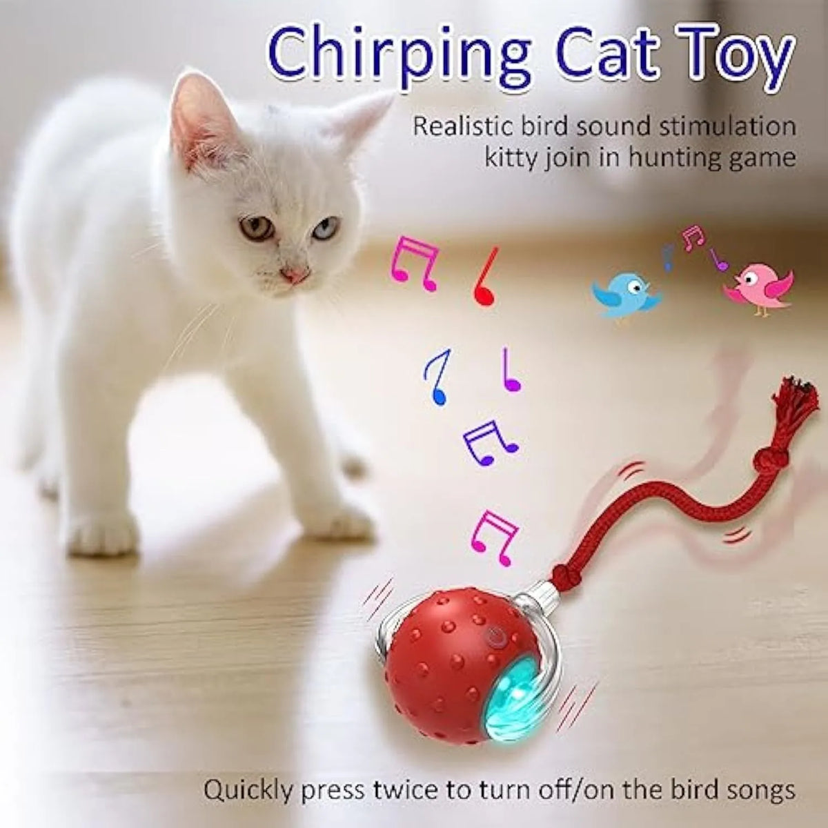 Red interactive cat toy with motion activated chirping and rolling action on carpet for kittens and cats