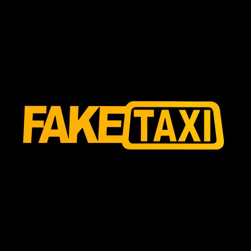 FAKE TAXI text car sticker in black, white, or yellow, measuring 20 cm by 8 cm.