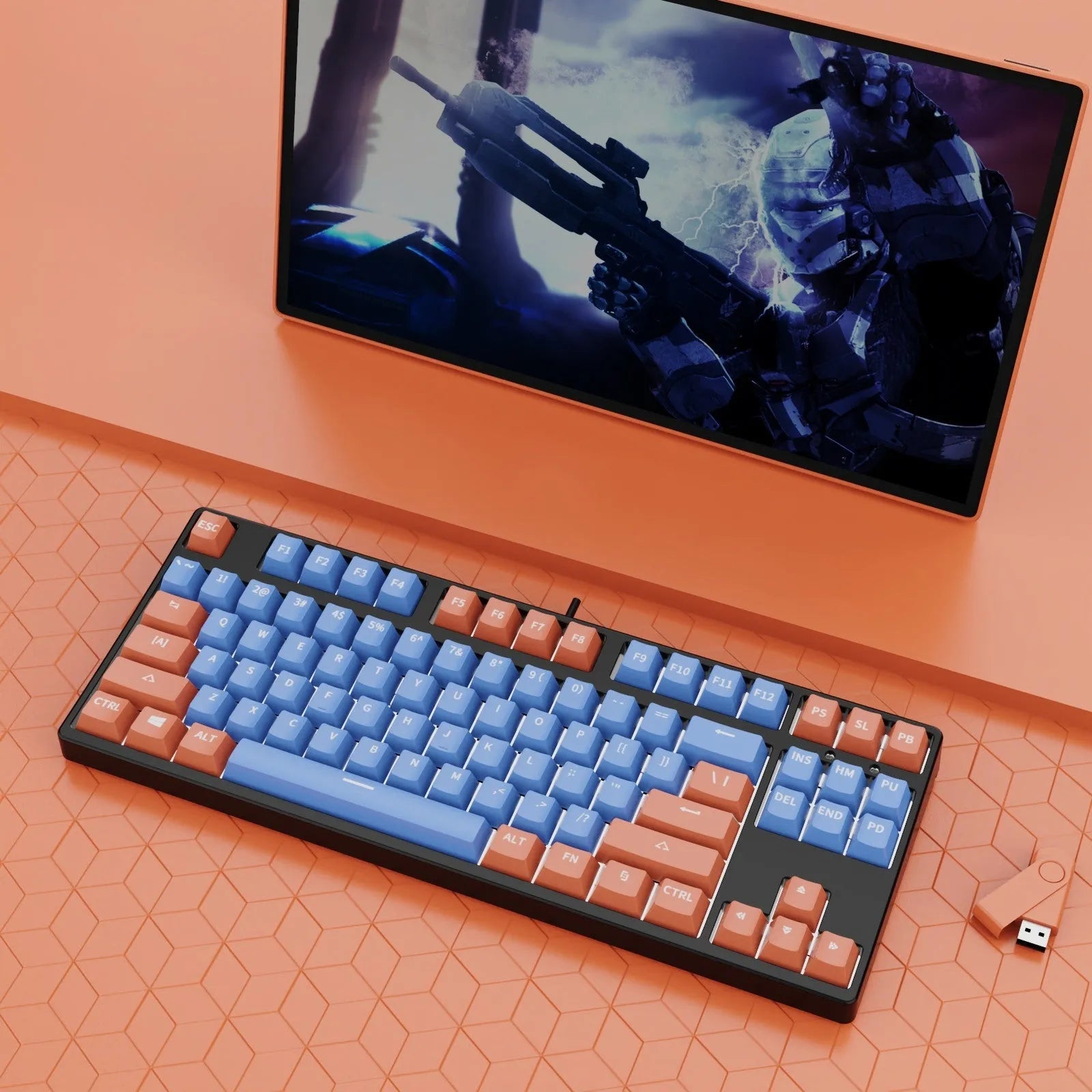 87-key wired mechanical gaming keyboard with multi-colour keycaps on a metal body.