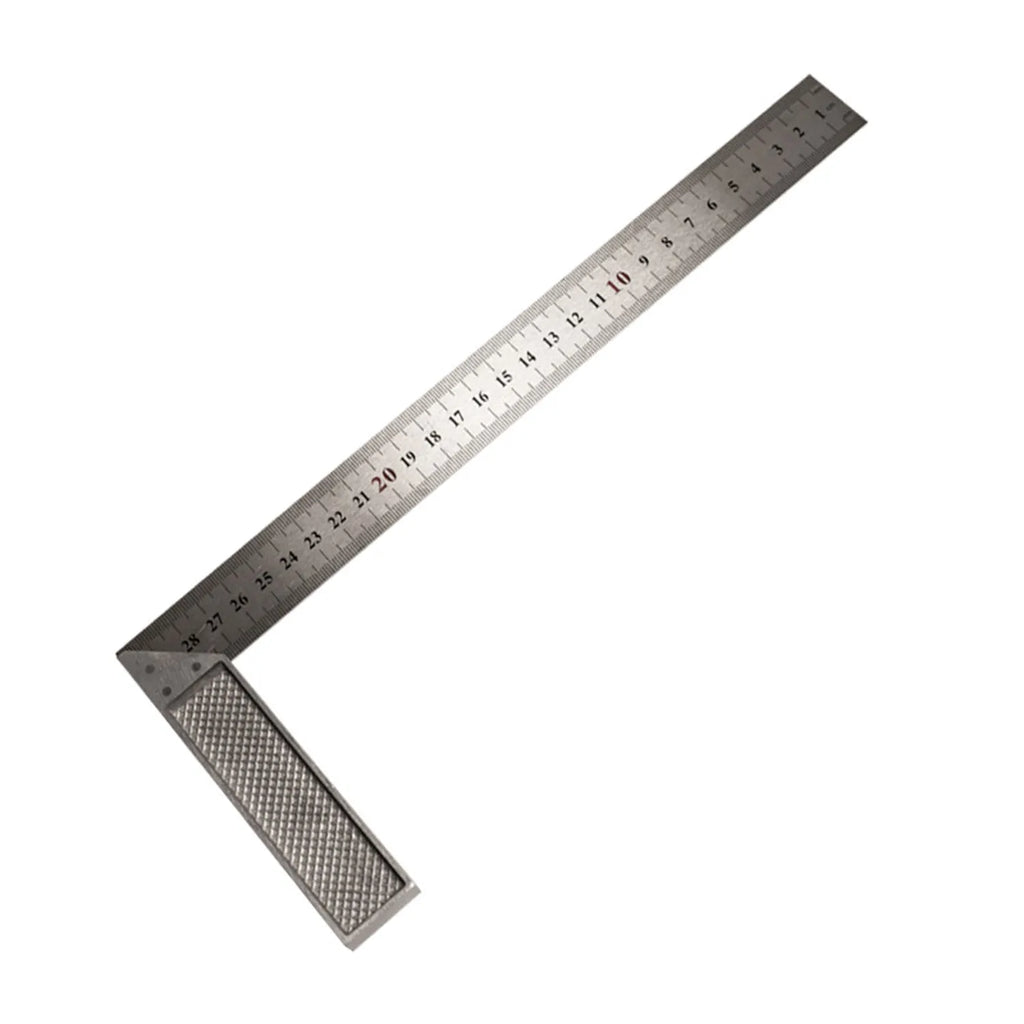 Red anodised aluminium combination angle ruler showing dual-sided metric centimetre and millimetre scales.