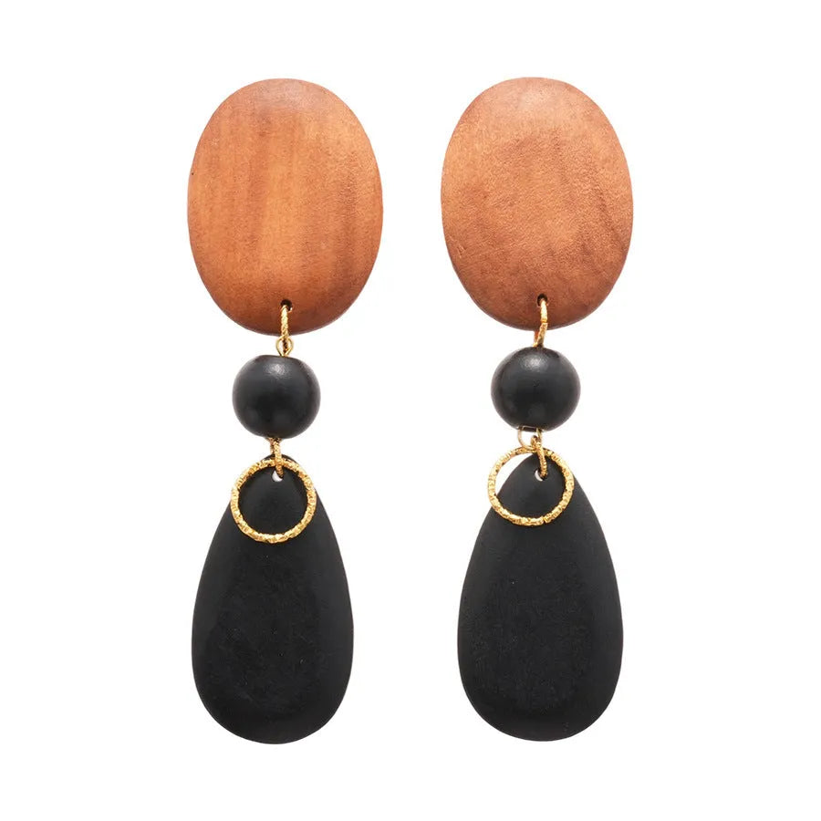 Handmade wooden ellipse earrings in silver needle brown black colour, retro fashion style.