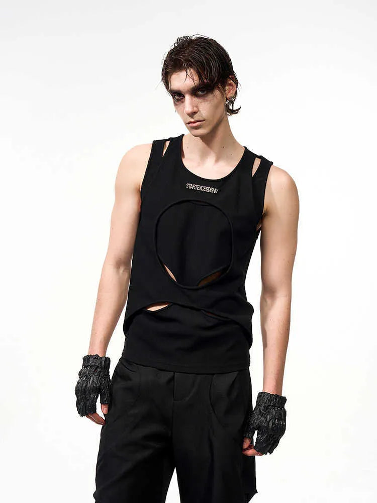 Men's sleeveless waistcoat vest in hollow white thread knit with round neck collar