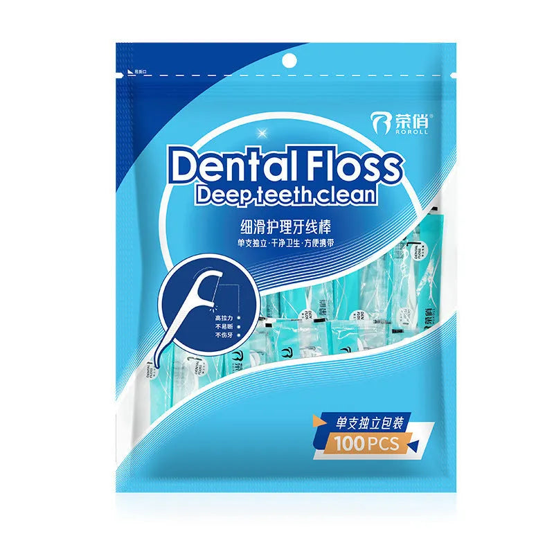 Independently packaged dental floss with 100 single-use packets in portable plastic bag
