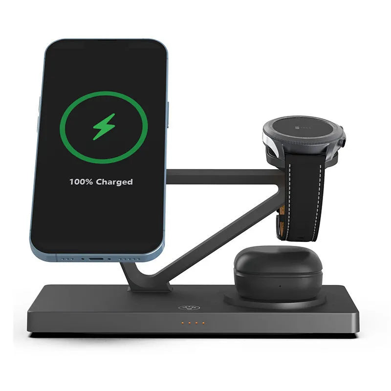 Black and white five-in-one wireless charging station with magnetic bracket, circular base, and watch charging position