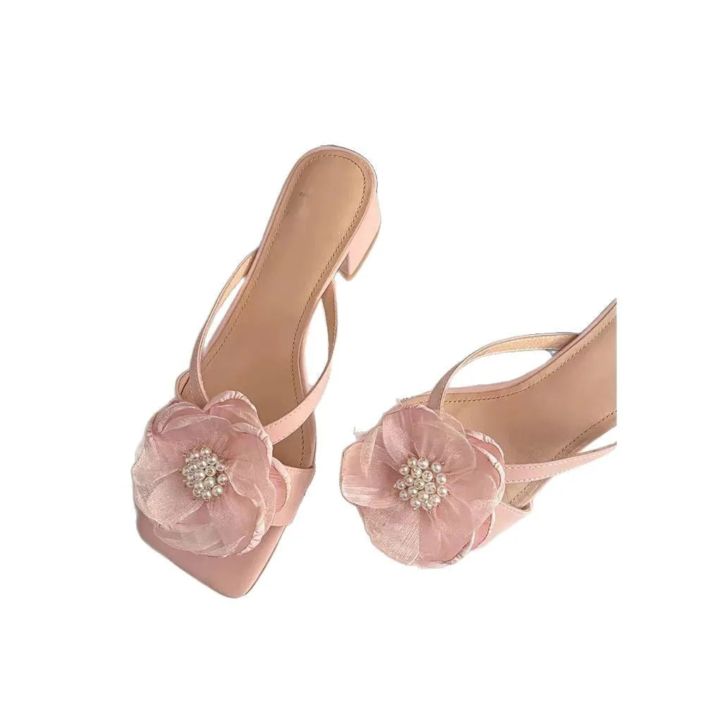 Women's fashion sandals with a chunky heel, square toe, and one-strap satin upper in cream-white colour.