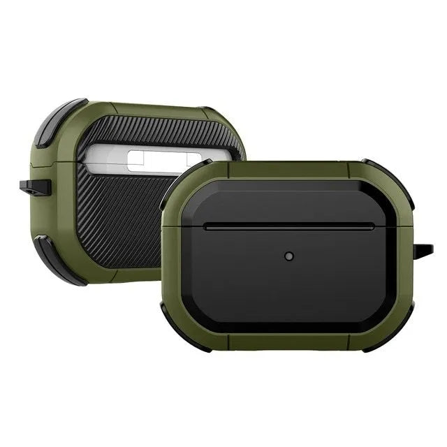 Black TPU and PC protective shell case fitted on a white Apple AirPods Pro charging case.