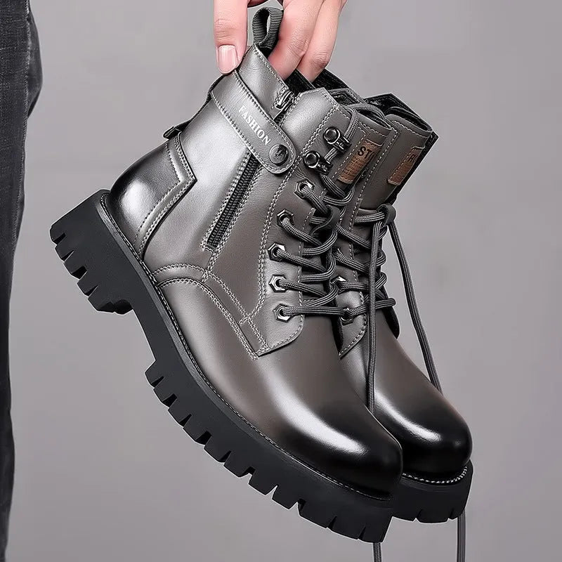 Men's light brown side-zipper Martin boots with a thick rubber sole and round toe.