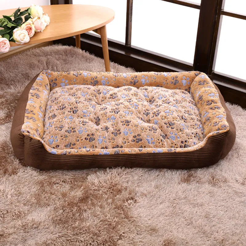 Beige plush dog bed with raised sides shown on a wooden floor.