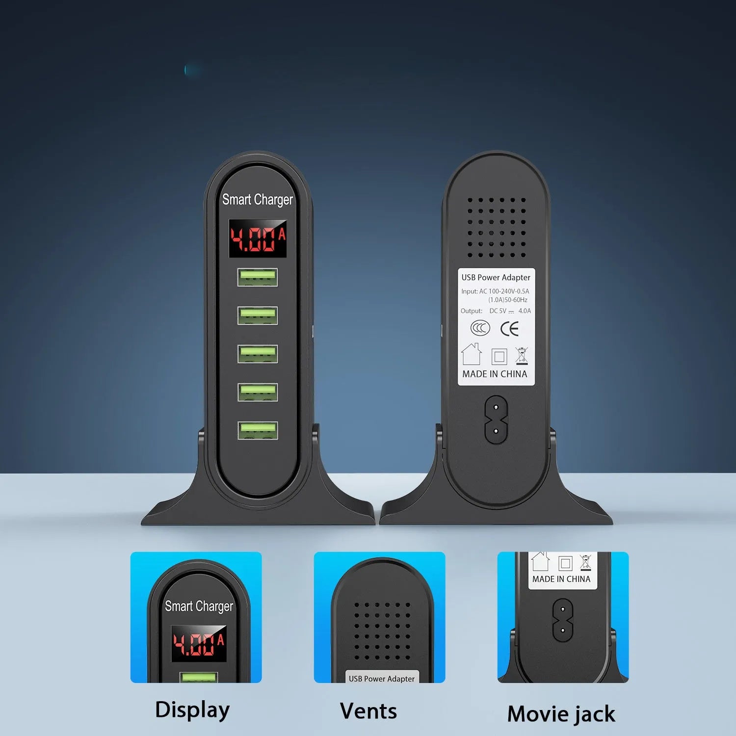 Smart LED digital display charger showing voltage readings with USB port and optional plug styles