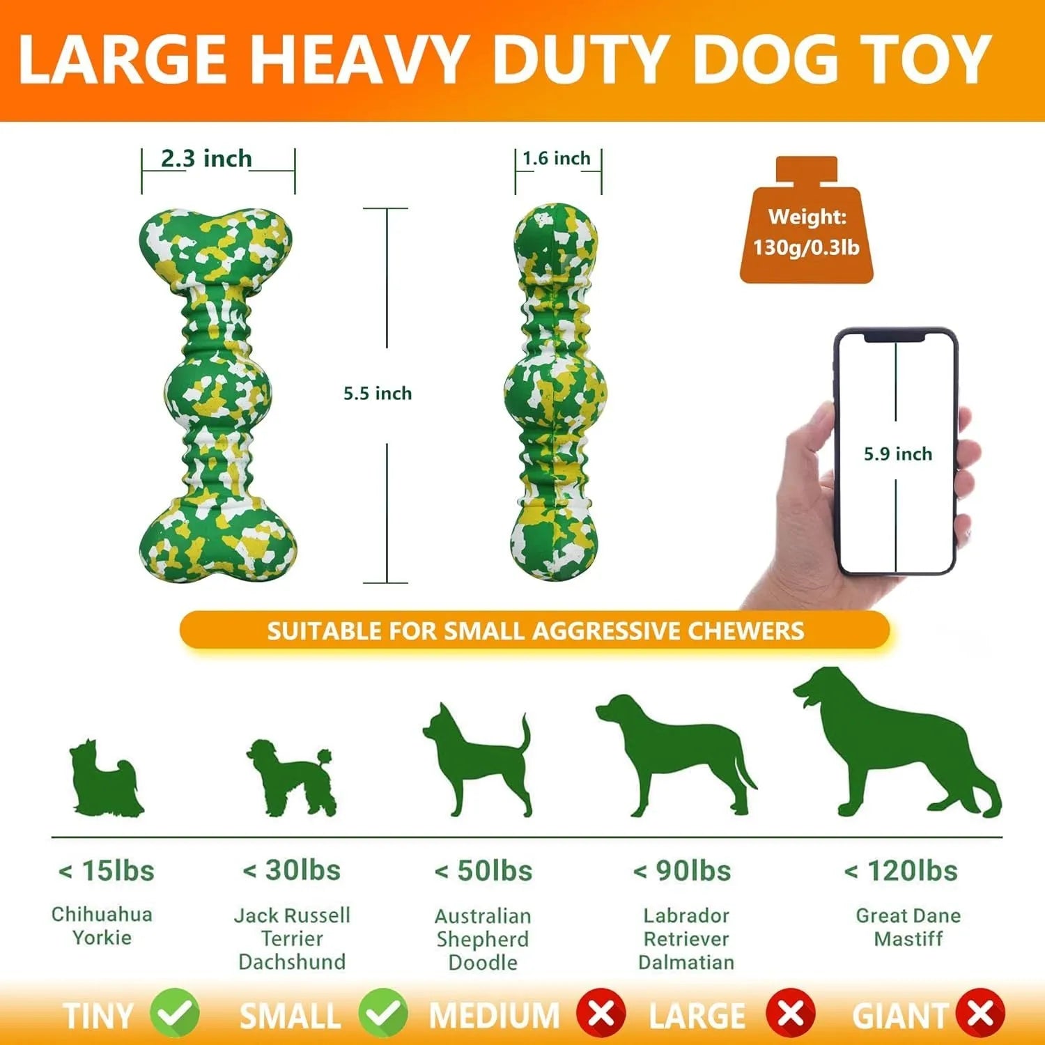 Green and white camouflage patterned natural rubber bone-shaped dog chew toy for large dogs on a wooden floor.