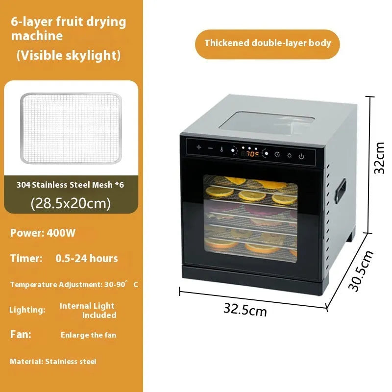 Stainless steel food dehydrator with visual skylight lid, shown with 6 stacking trays.