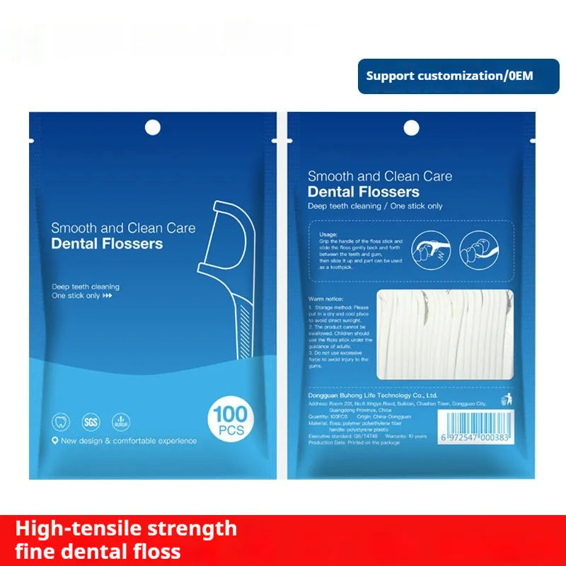 Independently packaged dental floss with 100 single-use packets in portable plastic bag