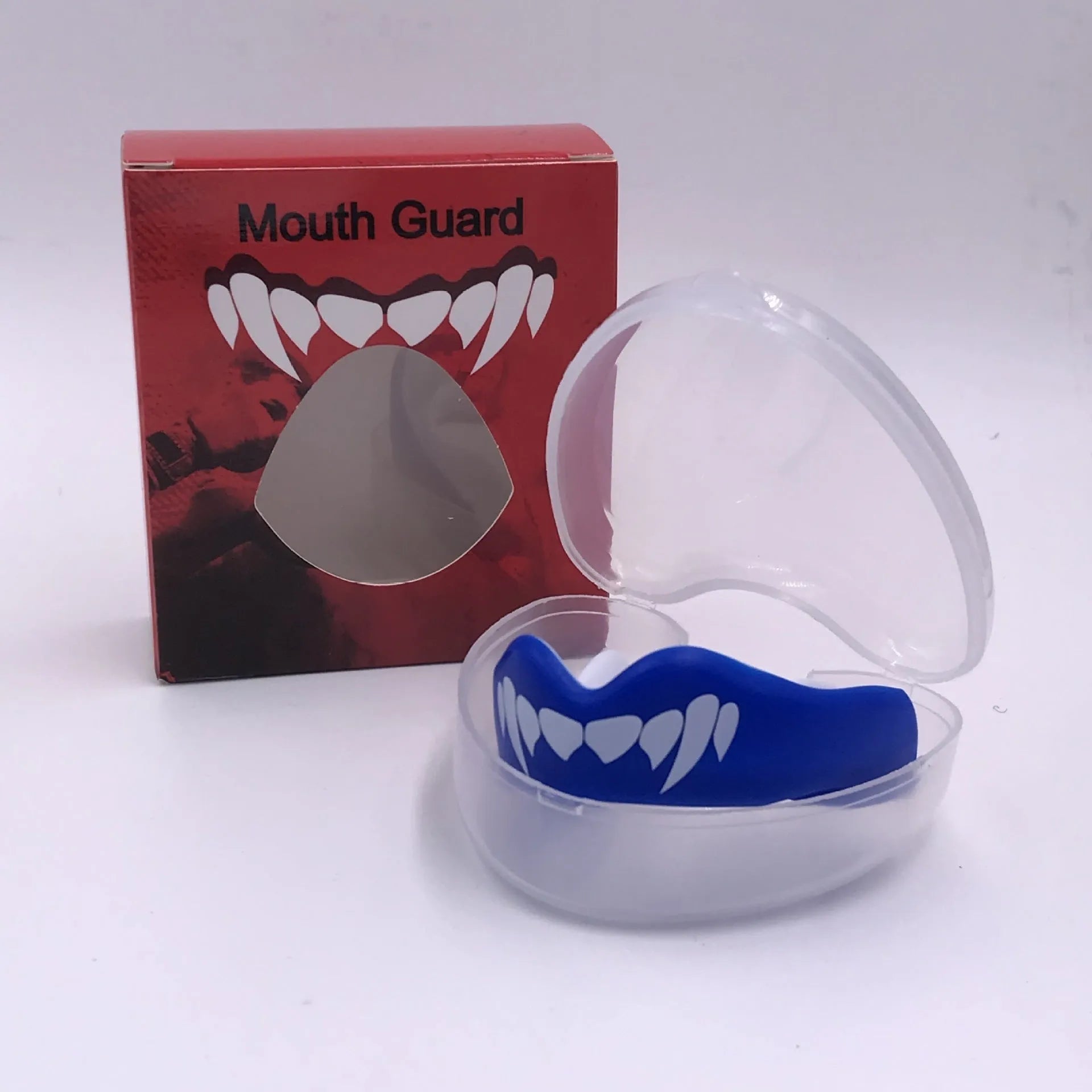 Adult boxing mouthguard with tooth socket free design in black and white printed teeth pattern
