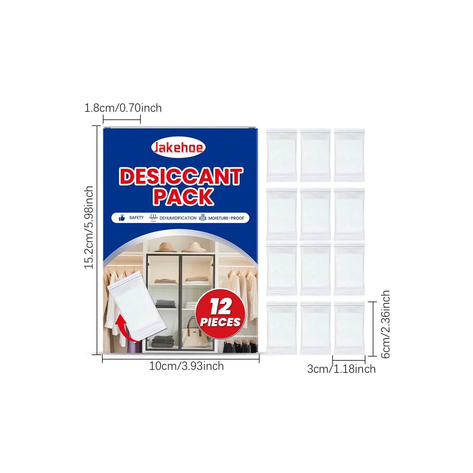Pack of twelve white calcium chloride desiccant bags for household moisture and odour control.