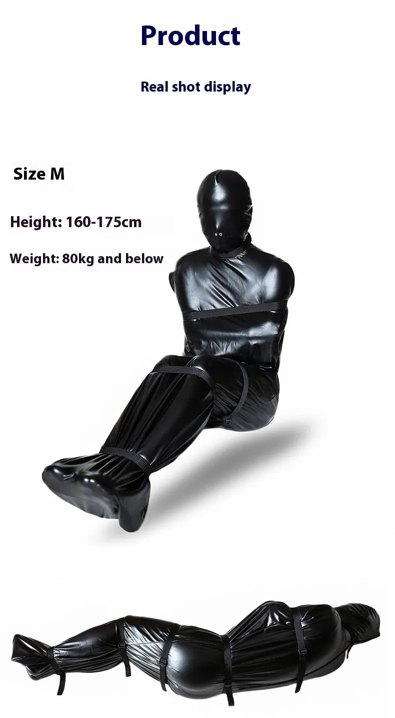 Black patent leather bondage clothing set with full body wrap and six ratchet tie-down straps