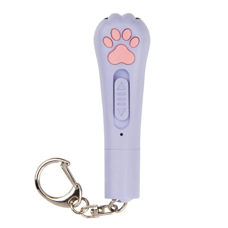 Infrared laser cat teasing stick with miniature paw prints in blue plastic with laser projection