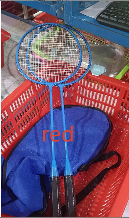 Pair of blue and red ultra-light alloy badminton rackets on a neutral background.