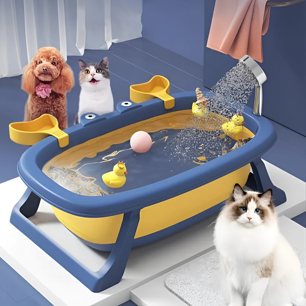 Blue foldable portable pet bathing tub for small dogs and cats on a non-slip base.