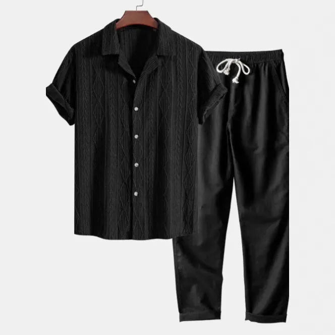 Men's slim fit camouflage print casual suit with short sleeve shirt and trousers.