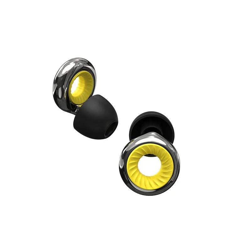 Set of reusable noise reduction earplugs in gold, silver, transparent, purple, and rose gold with storage box.