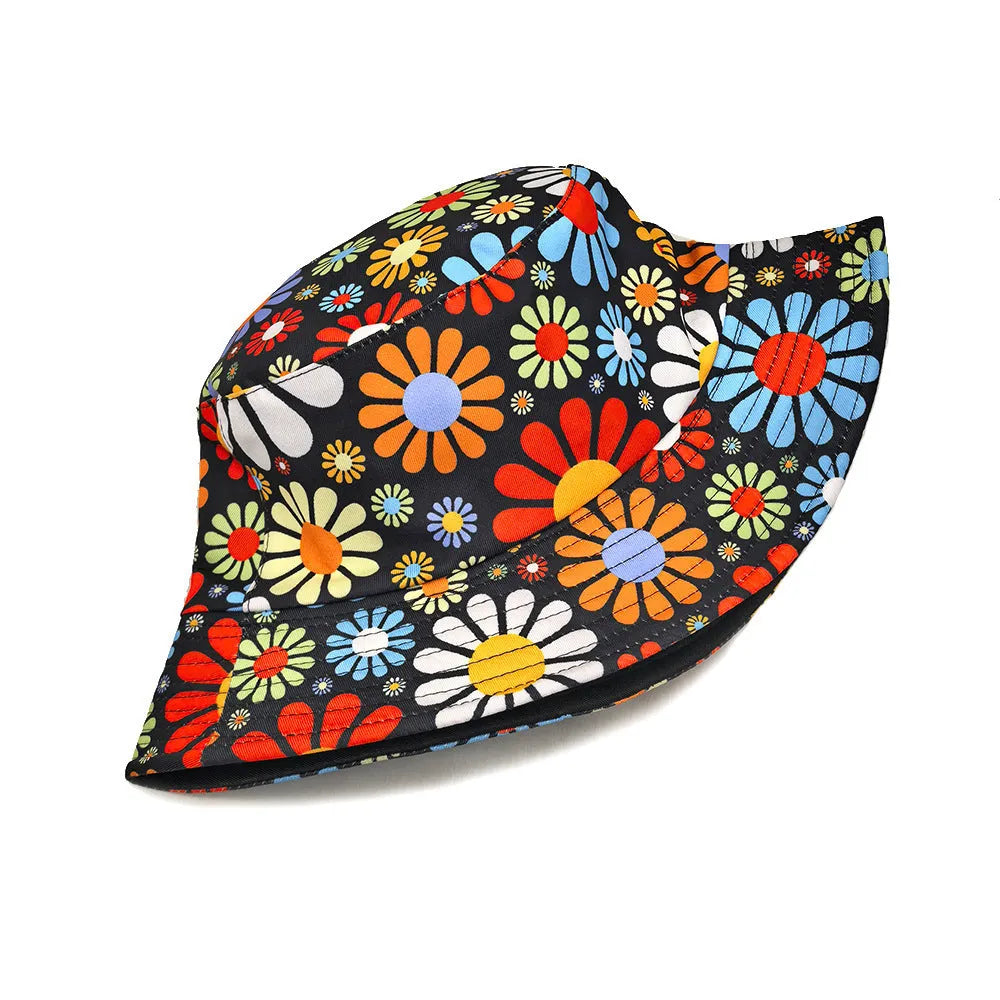 Floral print polyester bucket hat with dome crown in M size 56-58cm