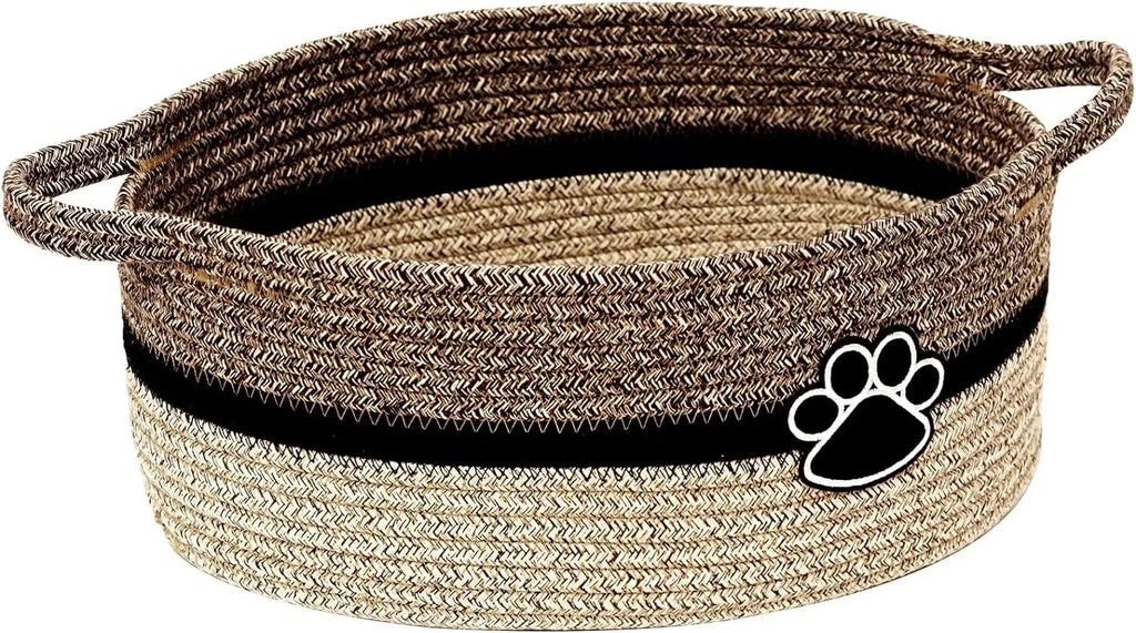 Small light beige handmade woven cotton rope storage basket with wooden handle