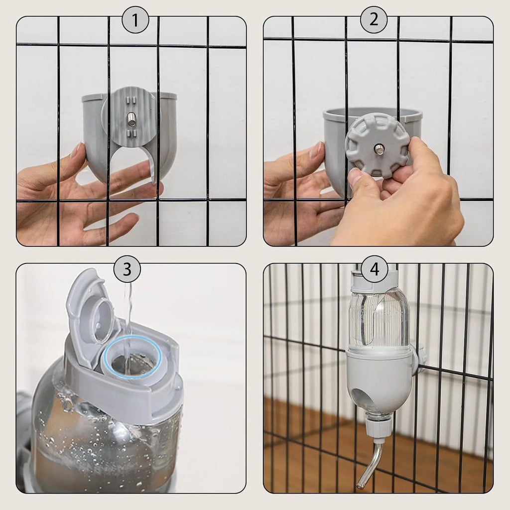 Blue small animal water bottle with rotatable nozzle mounted on cage bars