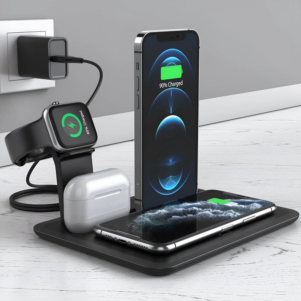 Black and white wireless charging station for phone watch headphones on desktop