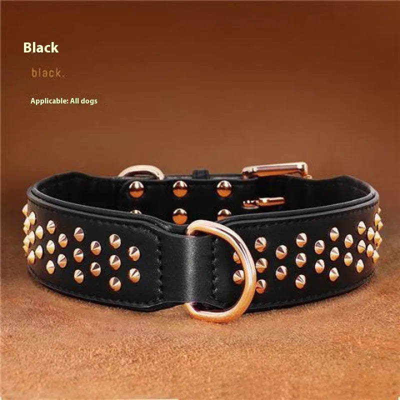 Black leather dog collar with metal anti-bite rivets shown on a size L tag.