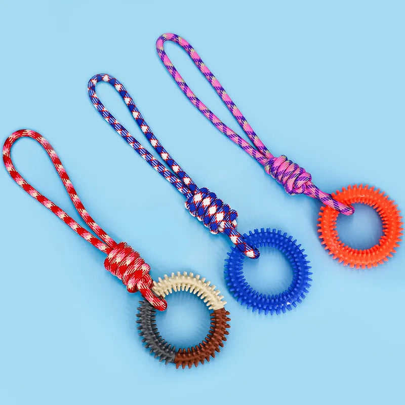 Bite resistant colourful braided rope dog toy with knots, measuring 43cm in length
