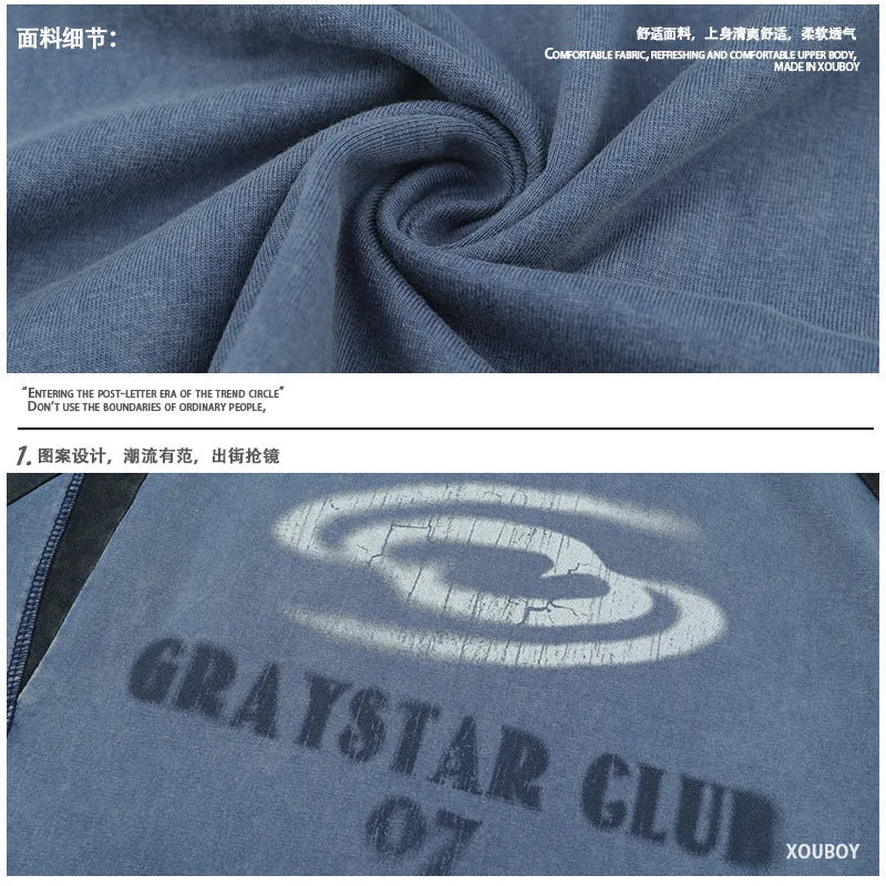 Men's blue hip hop letter print t-shirt with raglan sleeves showing loose fit design