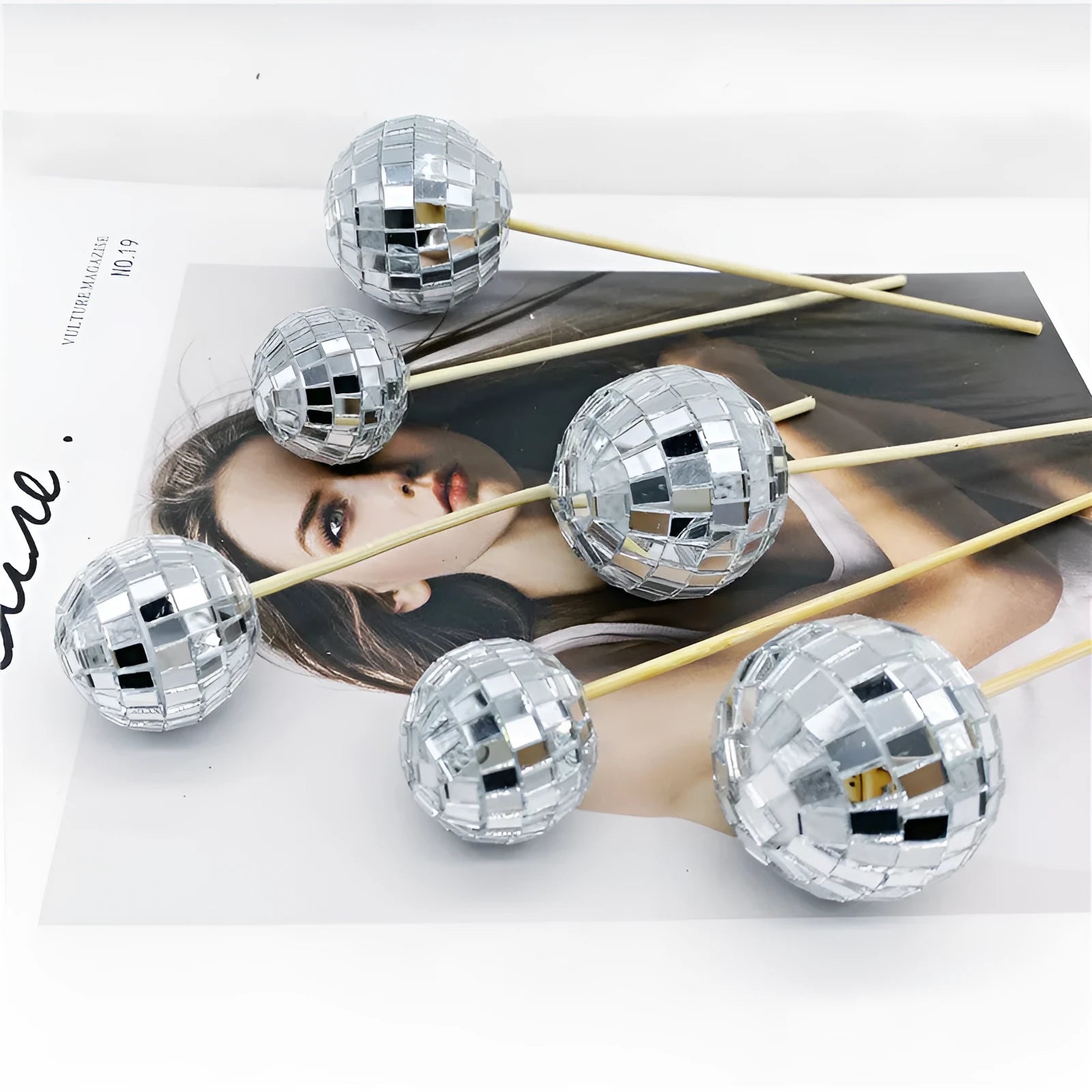 Glass disco ball cake decoration on wooden stick in various sizes from 2.5cm to 5cm diameter