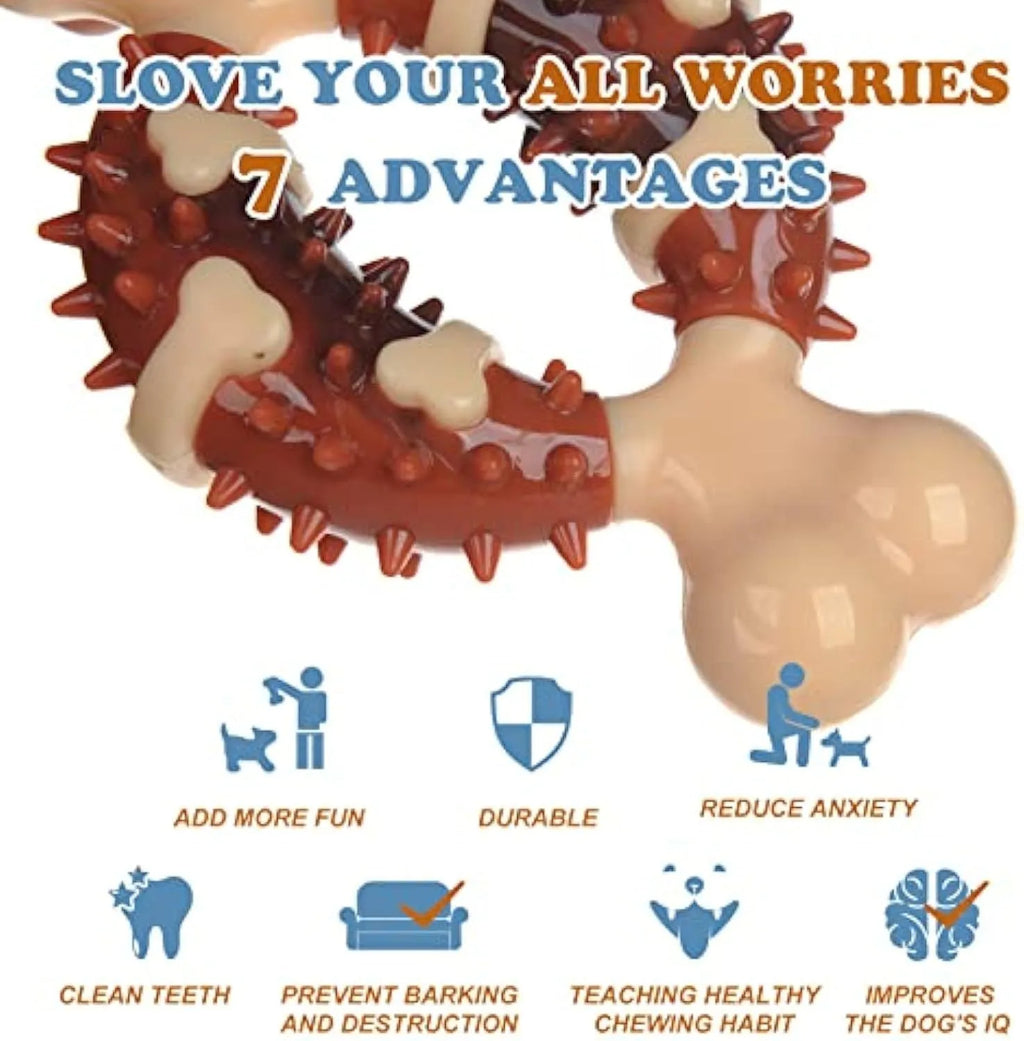 Natural rubber bone-shaped dog teeth grinding chew toy shown in large and small sizes.