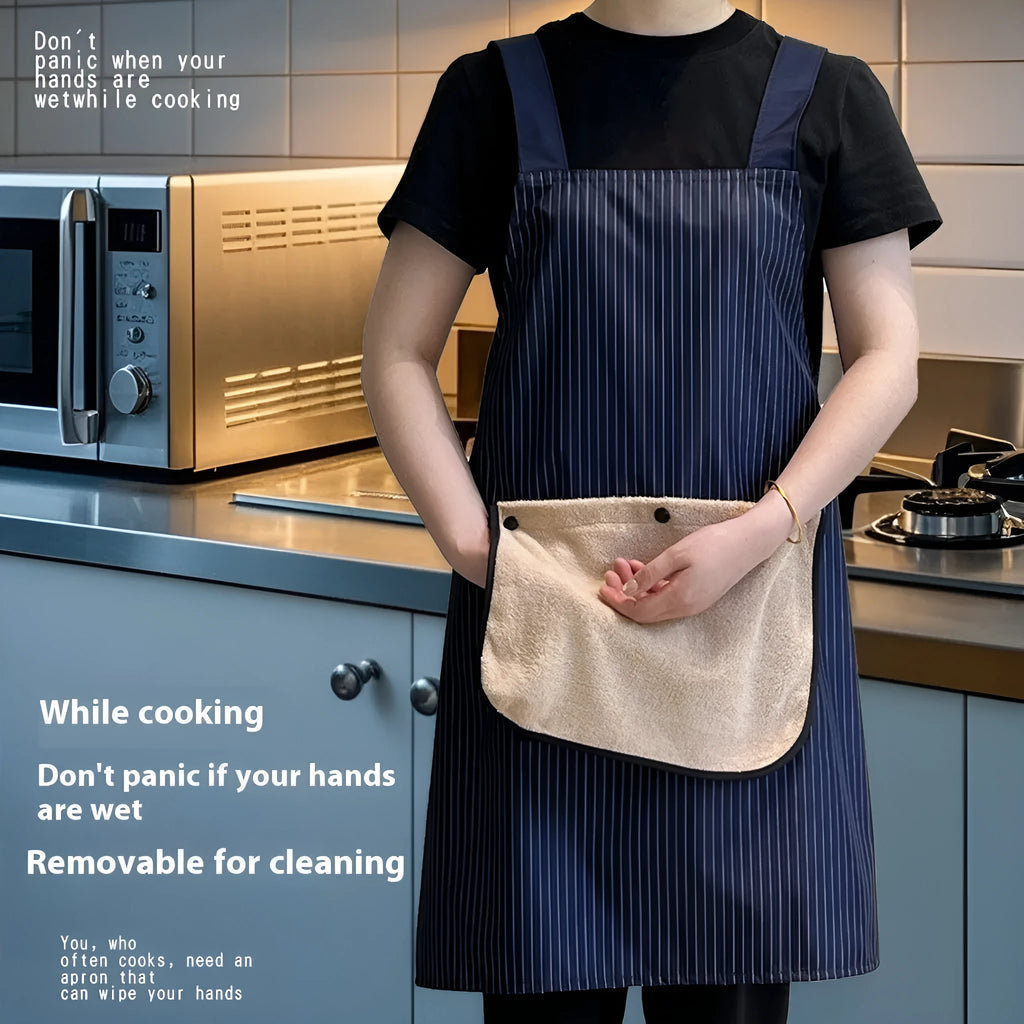 Waterproof polyester kitchen apron in free size showing colour options including black, dark blue, coffee and purplish blue